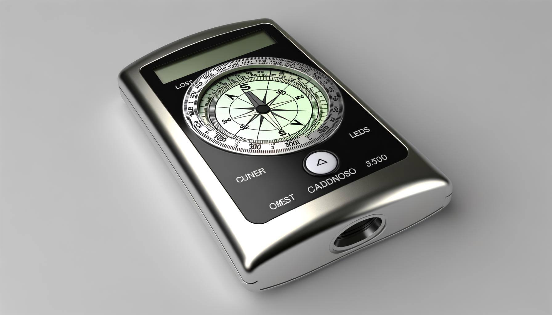 Generate a detailed illustration of a product named 'Digital Compass'. It is a modern, handheld device, outfitted with innovative technology. This compass is finely crafted with a sleek and compact design, primarily metallic, with a bright LED display for readings. The display hosts features like current cardinal directions, longitude, and latitude information. The device also includes essential buttons for operation, including a power button, calibration controls, and a backlight for the display. The background should be neutral, emphasising the product. Generate a detailed illustration of a product named 'Digital Compass'. It is a modern, handheld device, outfitted with innovative technology. This compass is finely crafted with a sleek and compact design, primarily metallic, with a bright LED display for readings. The display hosts features like current cardinal directions, longitude, and latitude information. The device also includes essential buttons for operation, including a power button, calibration controls, and a backlight for the display. The background should be neutral, emphasising the product.